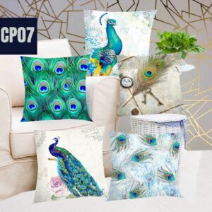 Digital Print Peacock Cushion Covers in Holland Velvet – 16x16 Inches (Set of 5)