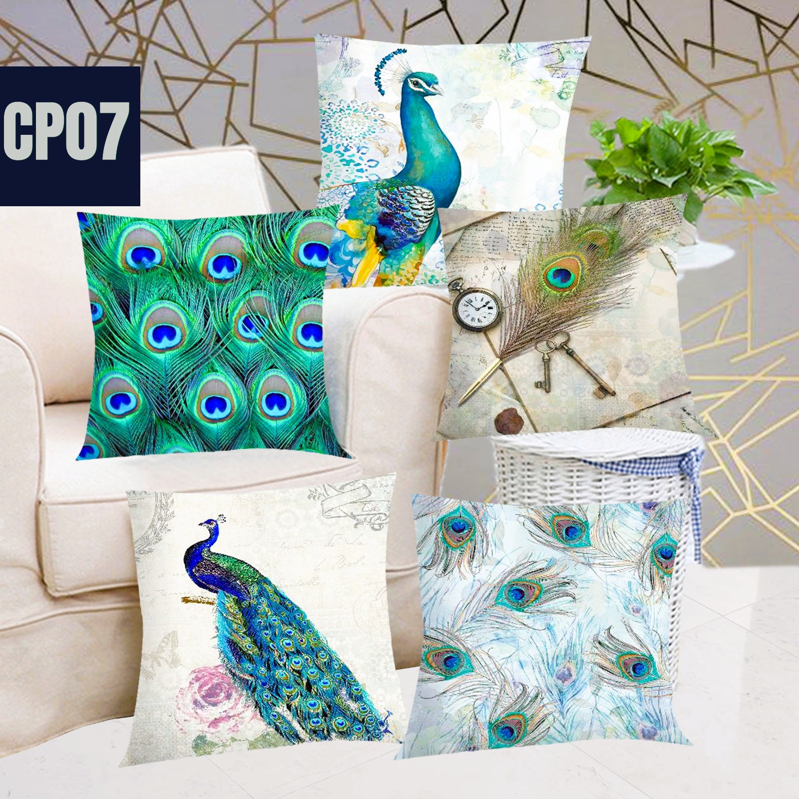 Digital Print Peacock Cushion Covers in Holland Velvet – 16x16 Inches (Set of 5)