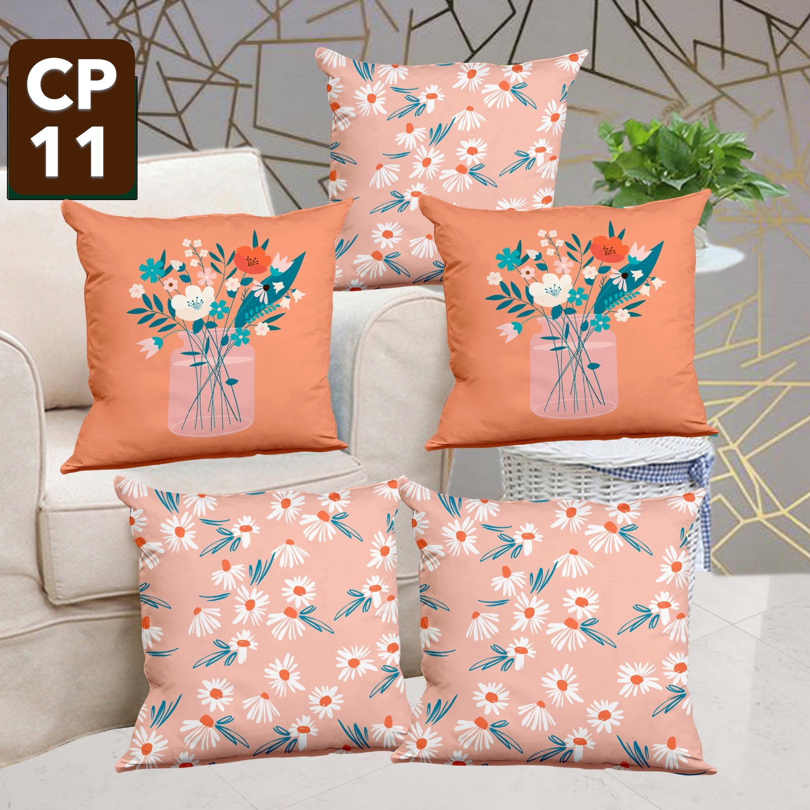 Digital flower Print Cushion Covers 16x16 – Set of 5